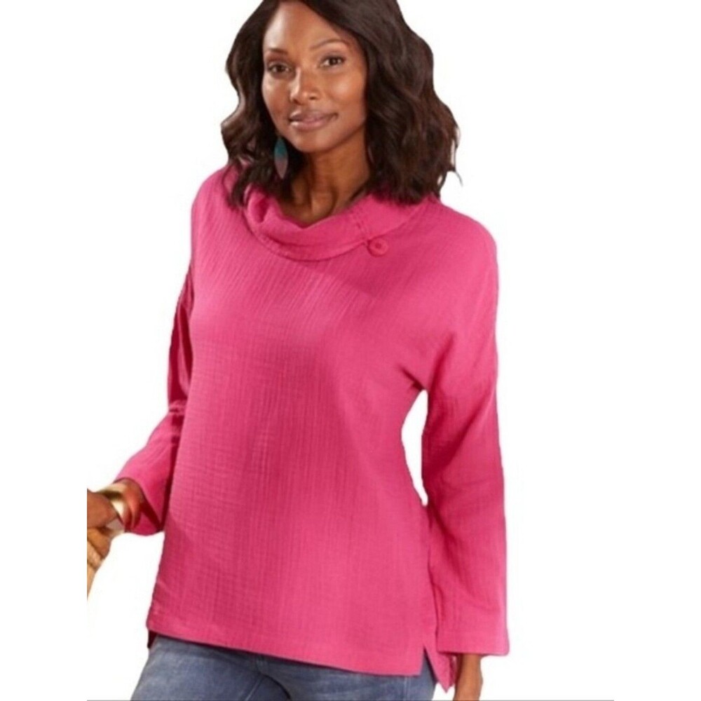 Soft Surroundings Giovinezza Crinkle Gauze Cowl Neck Top Medium Pink Cotton